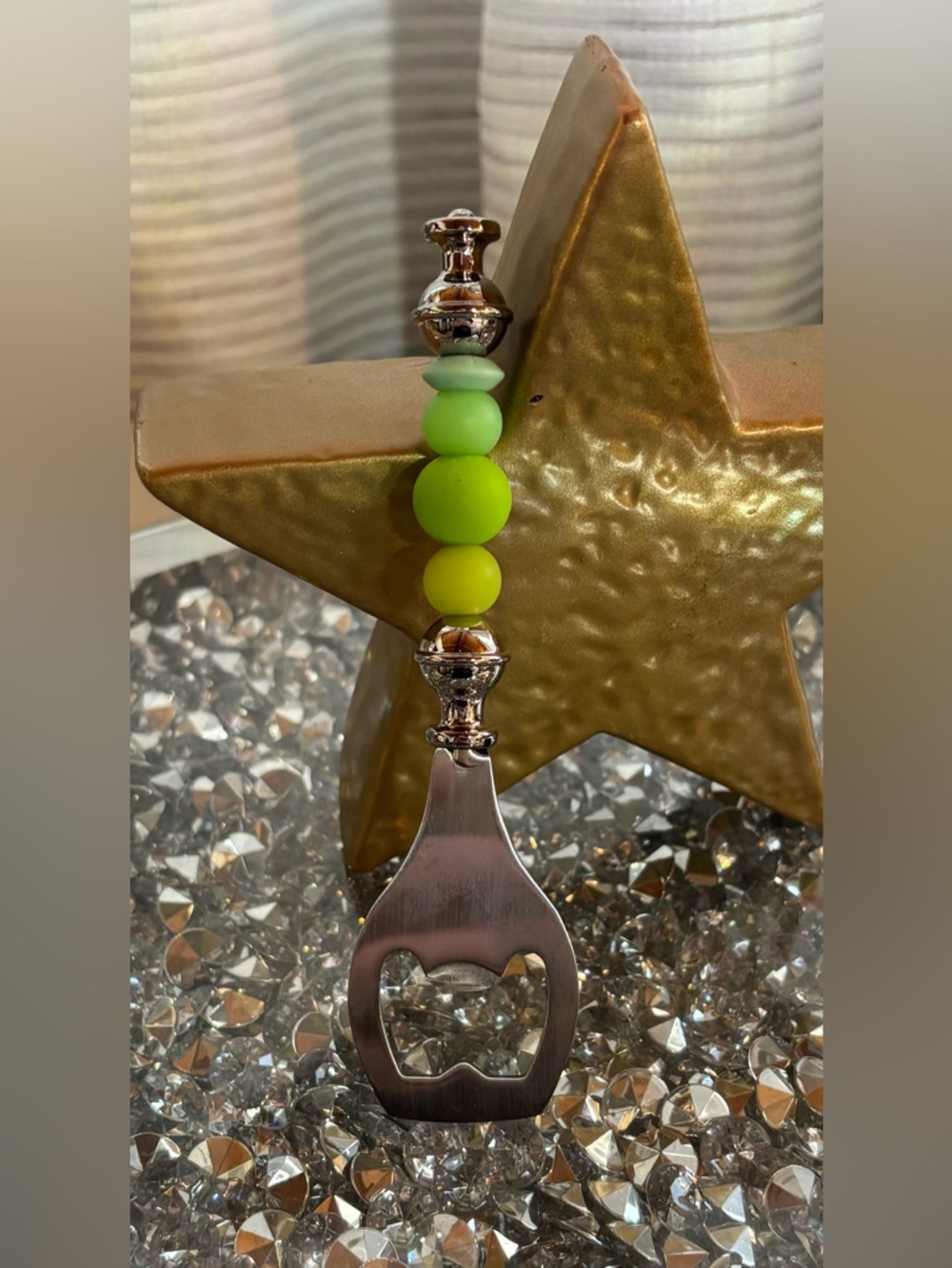 Whimsical Beaded Bottle Opener Neon Green Barware Hostess Gift